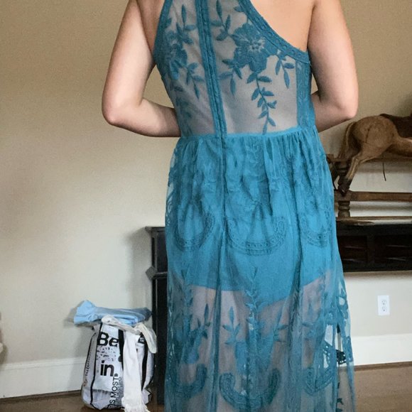 Honey Belle Long Teal Lace Overlay Romper/Dress - Picture 2 of 4